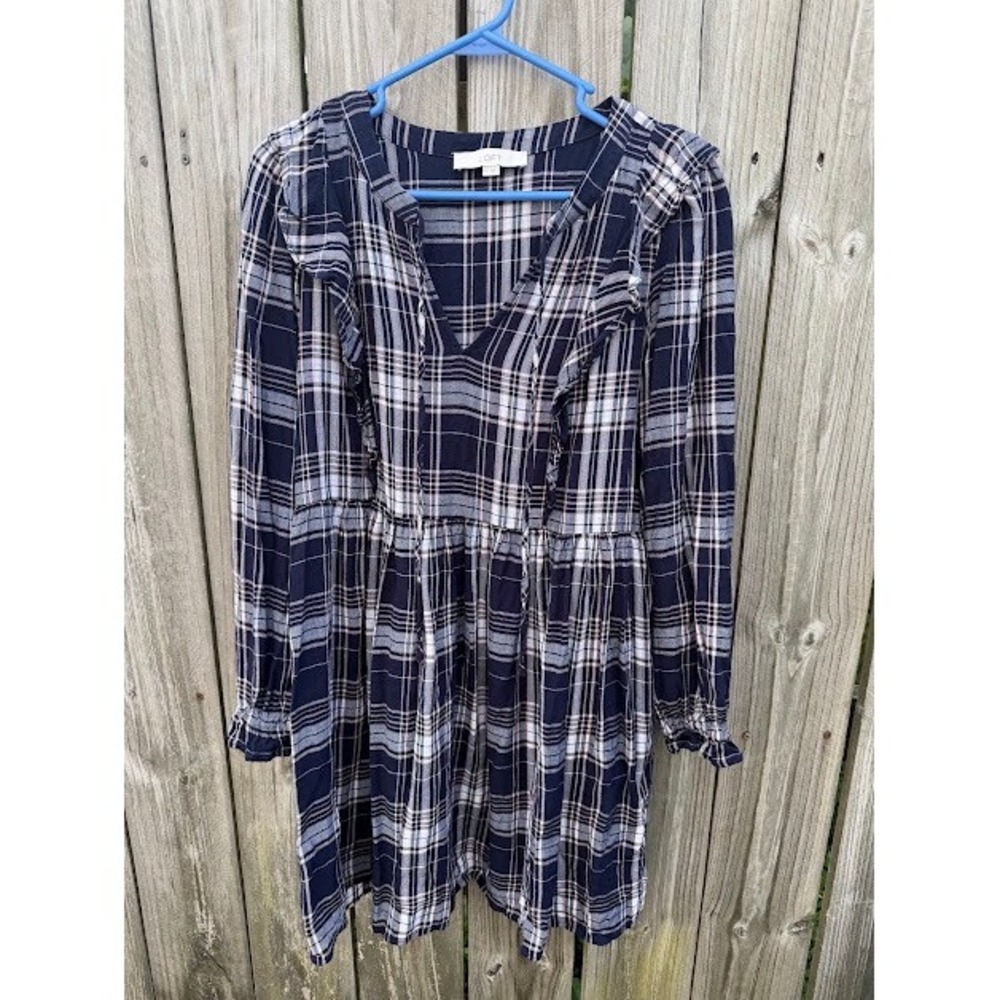 Plaid Preppy Boho Loft Tunic Dress Medium Navy Blue Ruffle V-Neck Tie Tunic